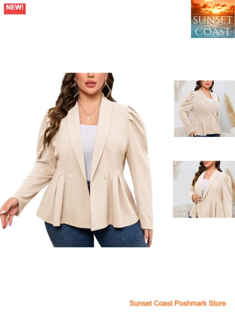 Plus Size Peplum Blazer Shawl Lapel Puff Sleeve Work Casual Knit Suit Jacket